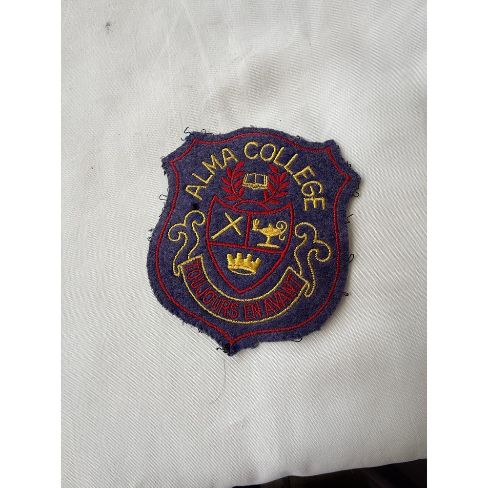 Vintage Alma College Embroidered Crest Patch blue Gold Toujours En Avant Shield